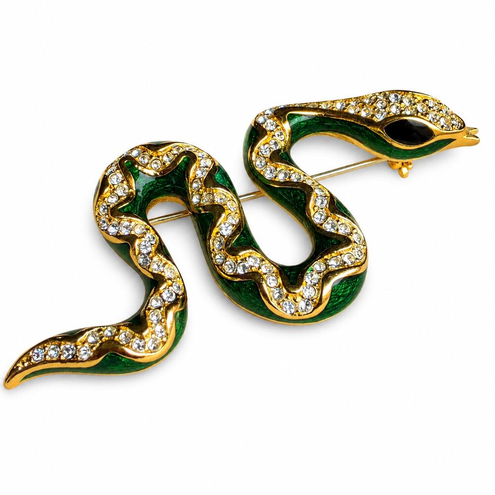 Vintage Christian Dior Snake Brooch Green Enamel Pave Crystal Gold Tone Germany